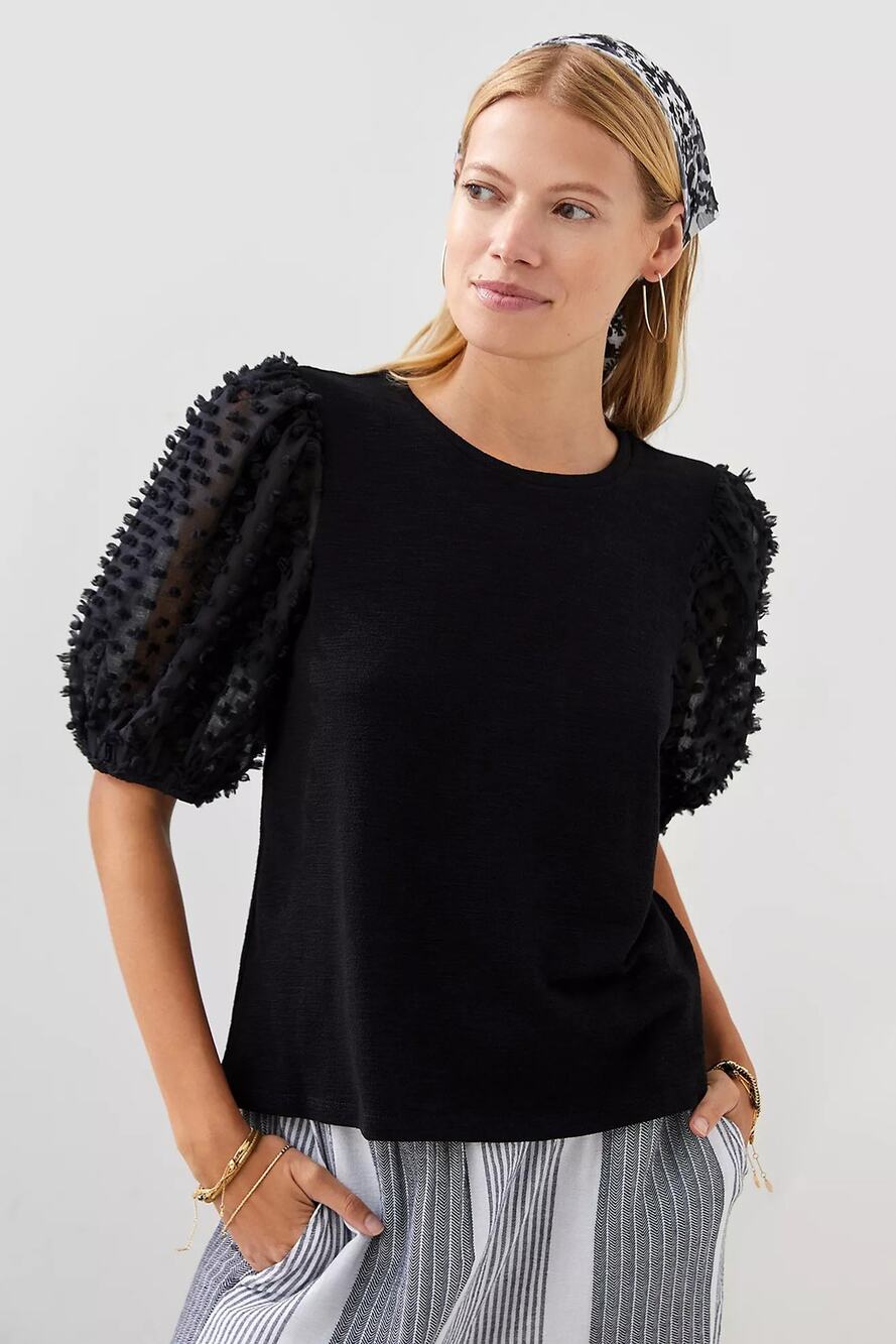 Maeve Textured Puff Sleeve Top Black Mix Media Short Sleeve Women's XS
